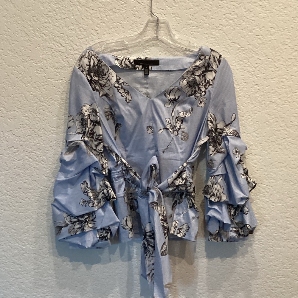White House Black Market Floral Ruffle Sleeve Blouse - Light Blue